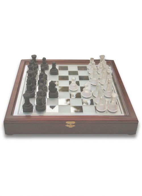 Glazen schaakspel 35 - in luxe houten - zwarte doorzichtige schaakstukken - Raindroptime
