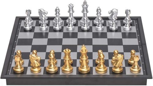 Gladys hoofd Kantine Magnetisch zak schaakspel en damspel met gouden en zilveren schaakstukken  36 x 36 cm - Raindroptime